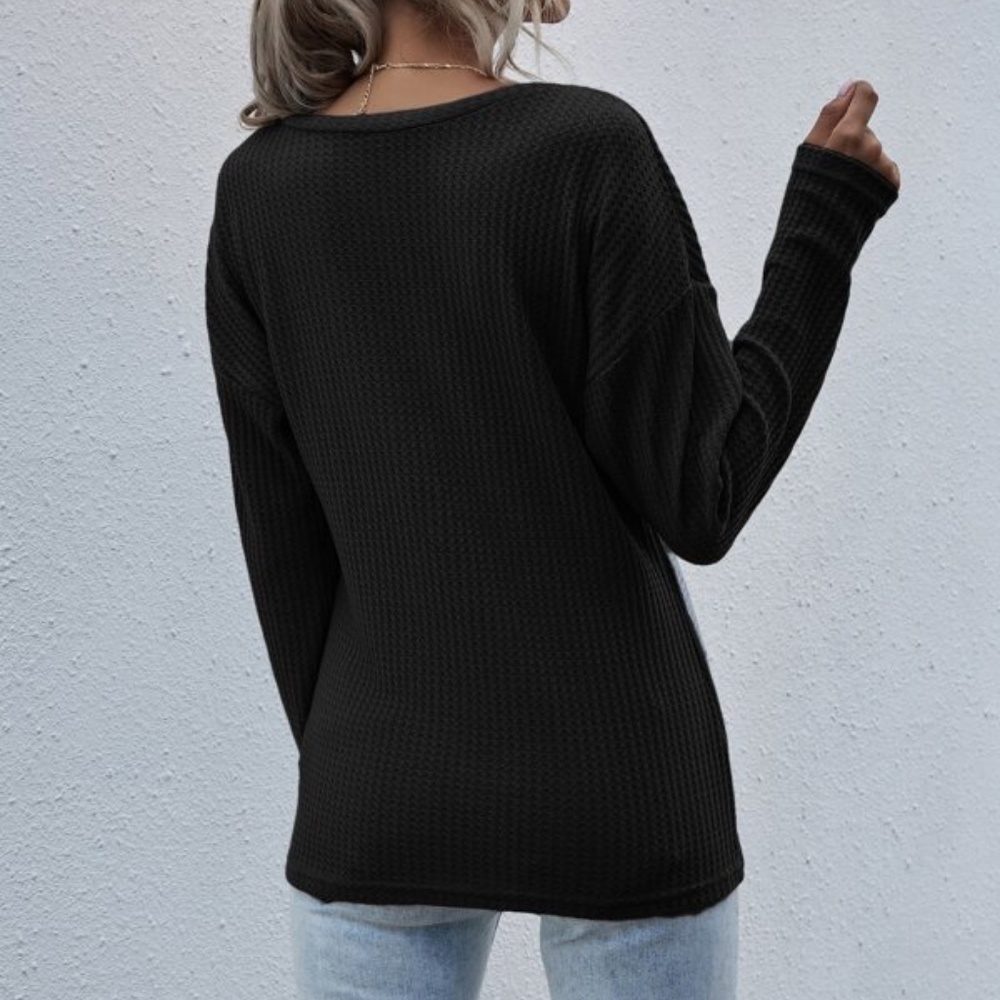 Black V neck Comfy Waffle Oversized Knit Top - Picture 7 of 8